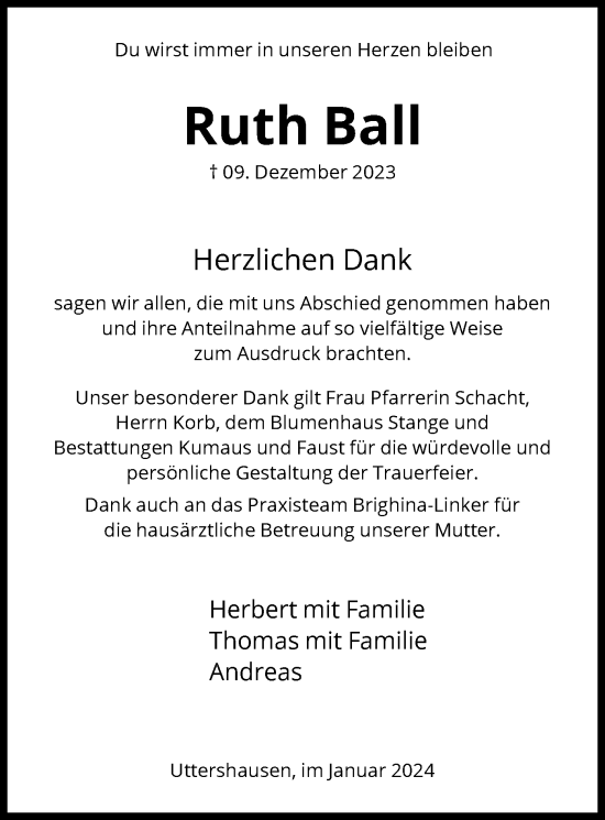 Traueranzeige von Ruth Ball von HNA