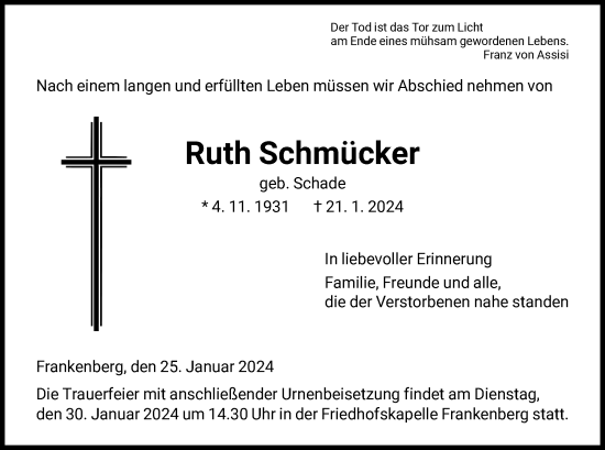 Traueranzeige von Ruth Schmücker von HNA