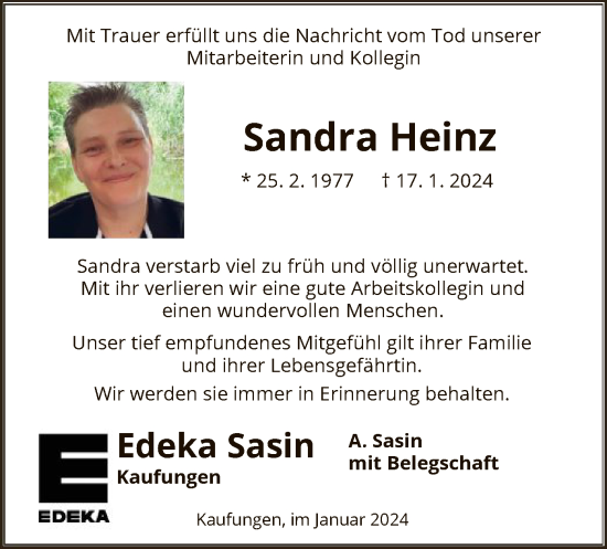 Traueranzeige von Sandra Heinz von HNA