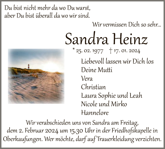 Traueranzeige von Sandra Heinz von HNA