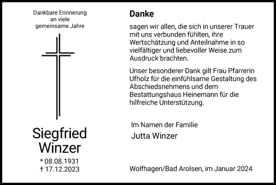 Traueranzeige von Siegfried Winzer von HNA
