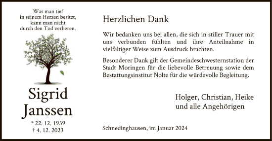 Traueranzeige von Sigrid Janssen von HNA
