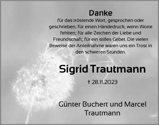 Traueranzeige von Sigrid Trautmann von HNA
