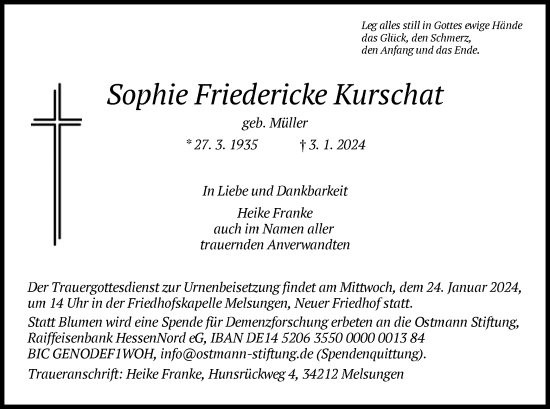 Traueranzeige von Sophie Kurschat von HNAHNA