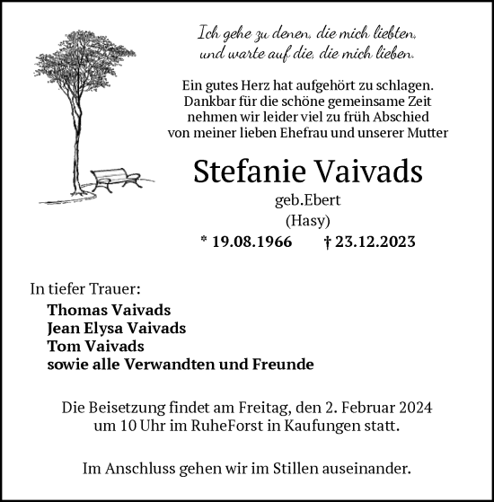 Traueranzeige von Stefanie Vaivads von HNA