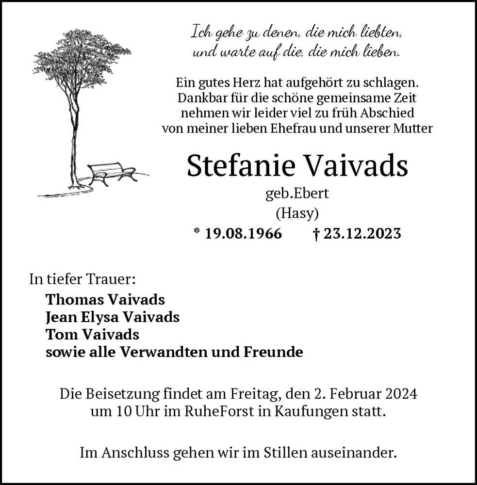  Traueranzeige für Stefanie Vaivads vom 27.01.2024 aus HNA