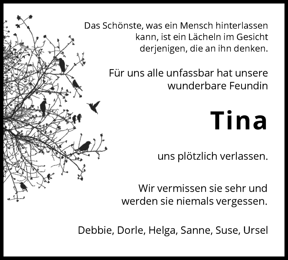  Traueranzeige für Tina  vom 16.01.2024 aus HNA