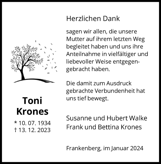 Traueranzeige von Toni Krones von HNA