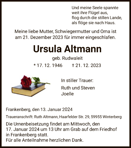 Traueranzeige von Ursula Altmann von HNA