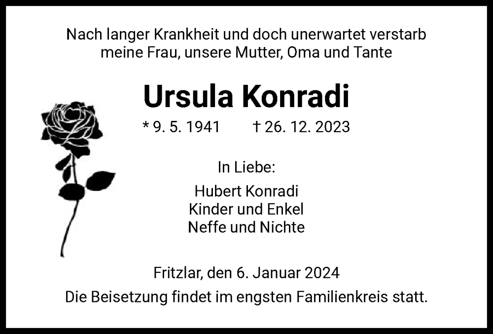  Traueranzeige für Ursula Konradi vom 06.01.2024 aus HNA
