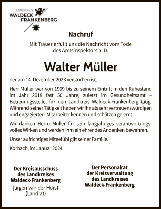 Traueranzeige von Walter Müller von HNA