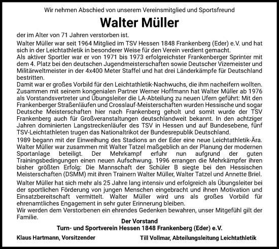 Traueranzeige von Walter Müller von HNA