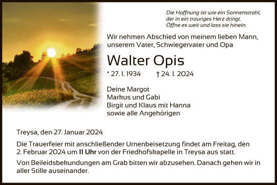 Traueranzeige von Walter Opis von HNA