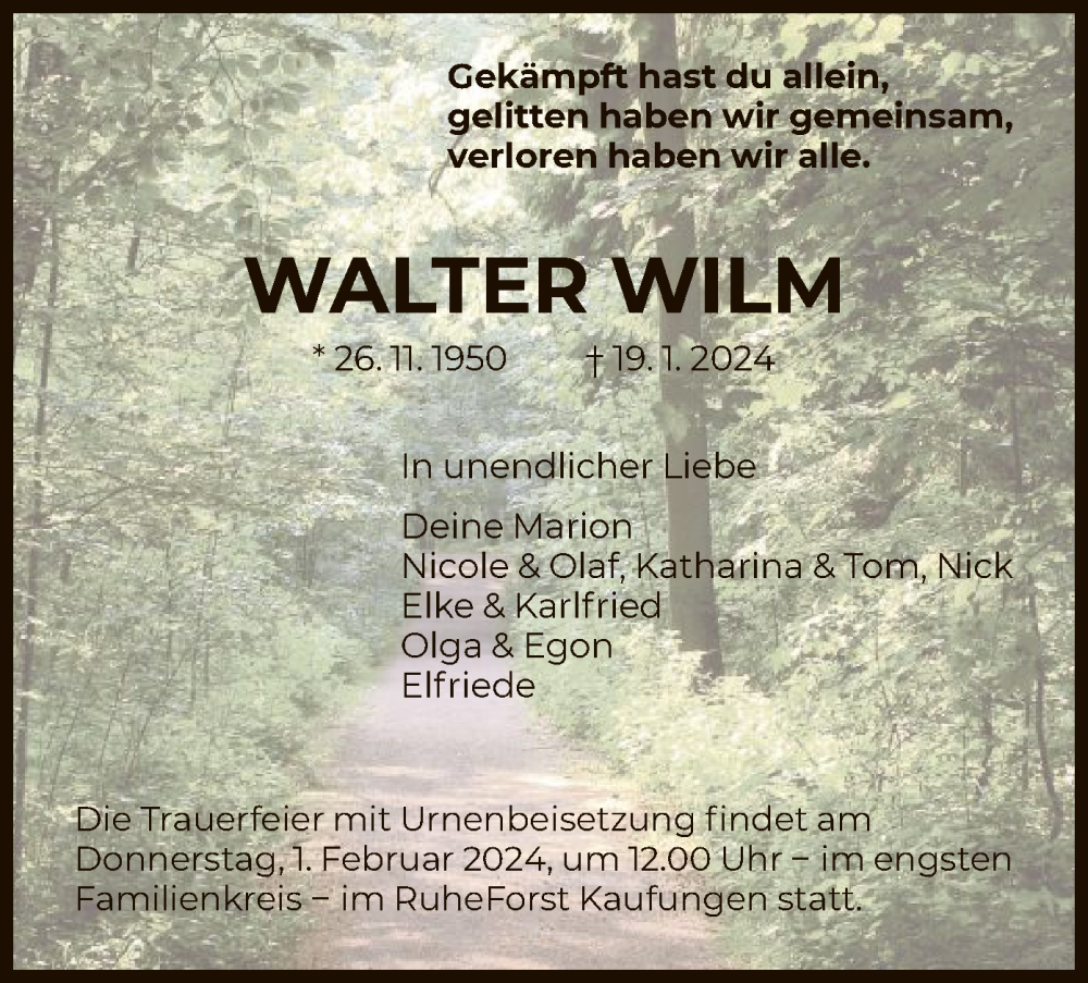  Traueranzeige für Walter Wilm vom 27.01.2024 aus HNA