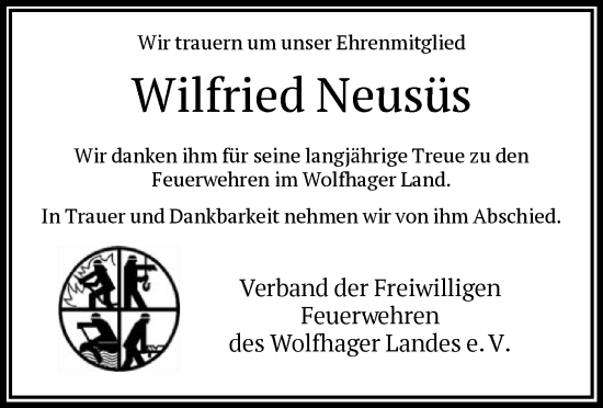 Traueranzeige von Wilfried Neusüs von HNA