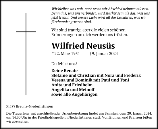 Traueranzeige von Wilfried Neusüs von HNA