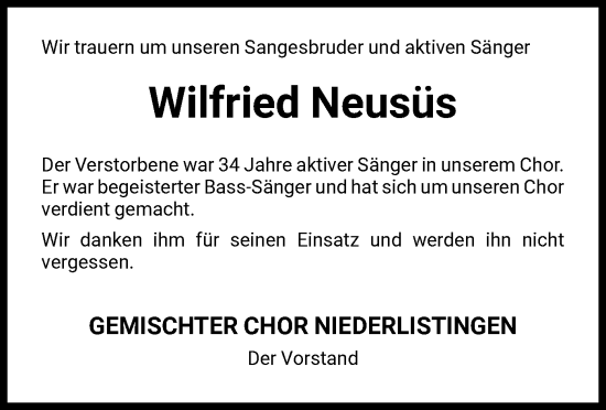 Traueranzeige von Wilfried Neusüs von HNA