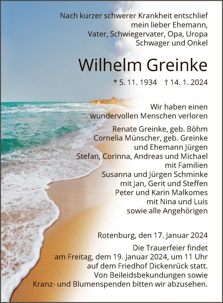  Traueranzeige für Wilhelm Greinke vom 17.01.2024 aus HNA