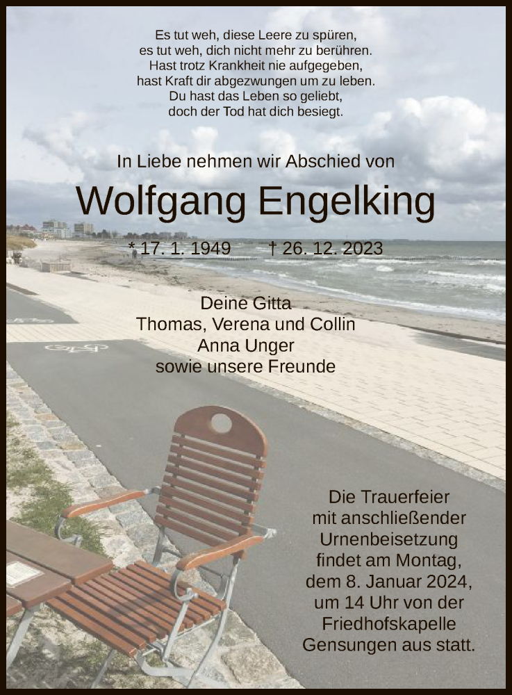  Traueranzeige für Wolfgang Engelking vom 03.01.2024 aus HNA