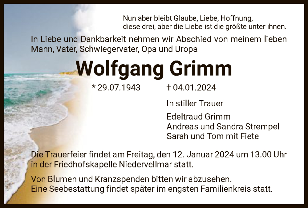  Traueranzeige für Wolfgang Grimm vom 11.01.2024 aus HNAHNA