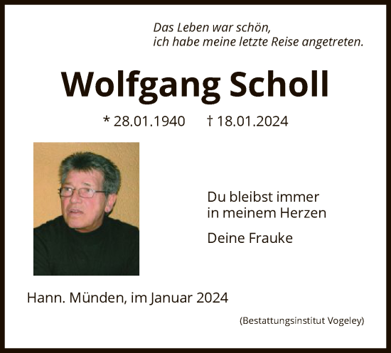 Traueranzeige von Wolfgang Scholl von HNA