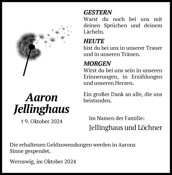 Traueranzeige von Aaron Jellinghaus von HNA