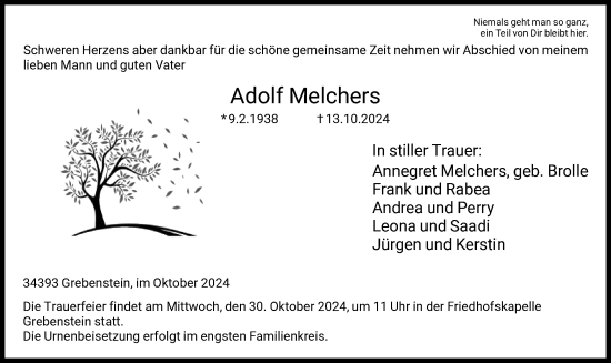 Traueranzeige von Adolf Melchers von HNA
