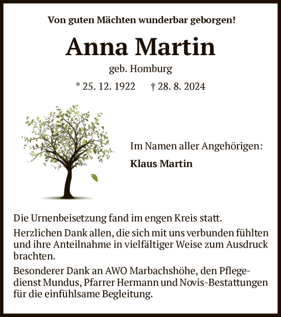 Traueranzeige von Anna Martin von HNA