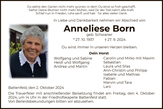 Traueranzeige von Anneliese Born von HNA