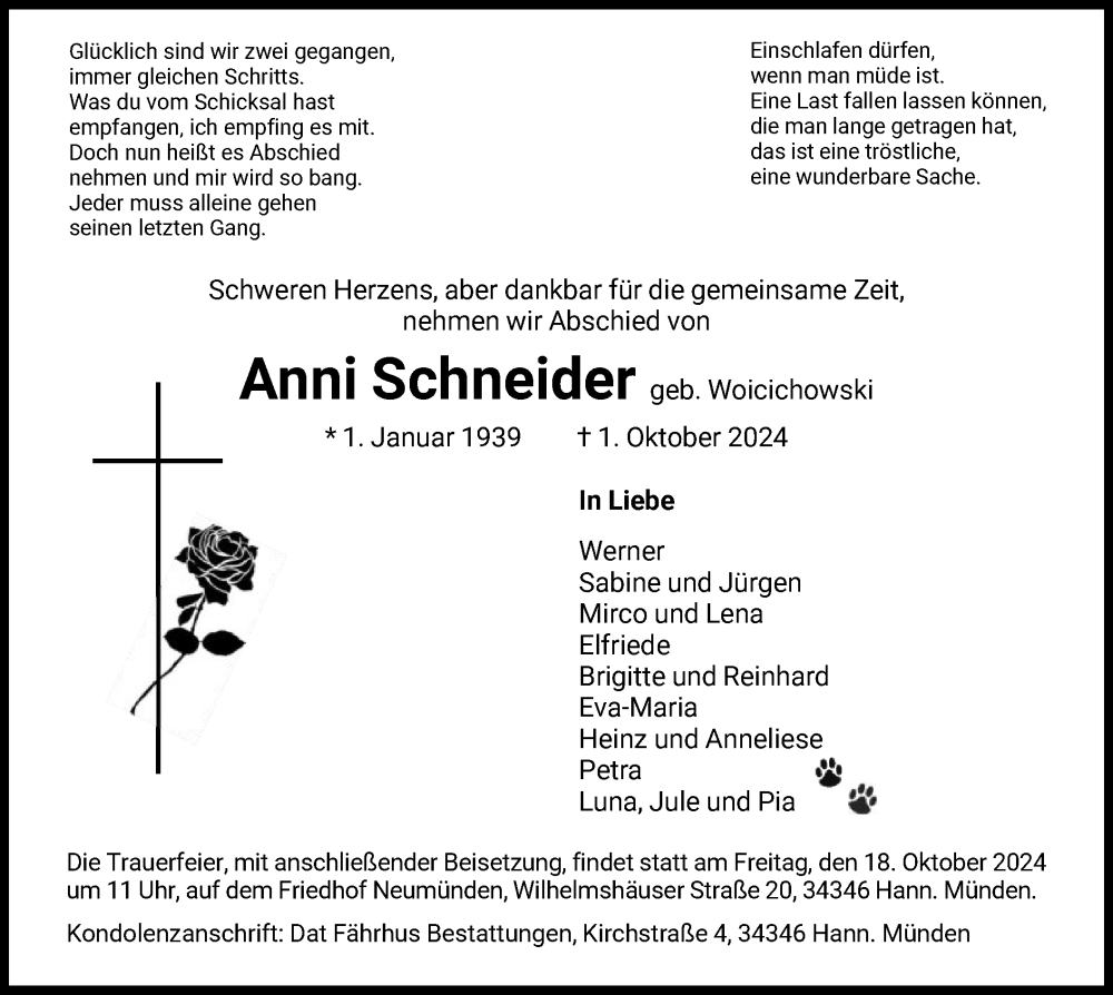  Traueranzeige für Anni Schneider vom 12.10.2024 aus HNA