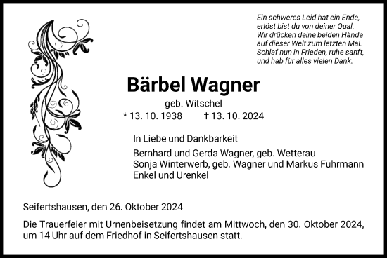 Traueranzeige von Bärbel Wagner von HNAHNA