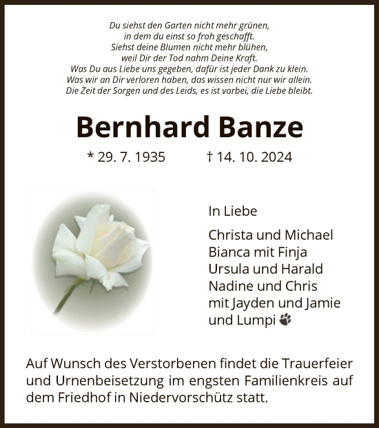 Traueranzeige von Bernhard Banze von HNA