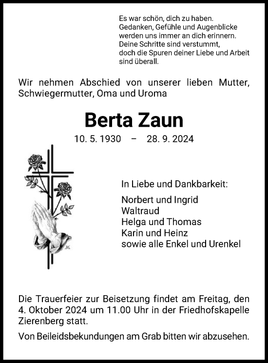 Traueranzeige von Berta Zaun von HNA