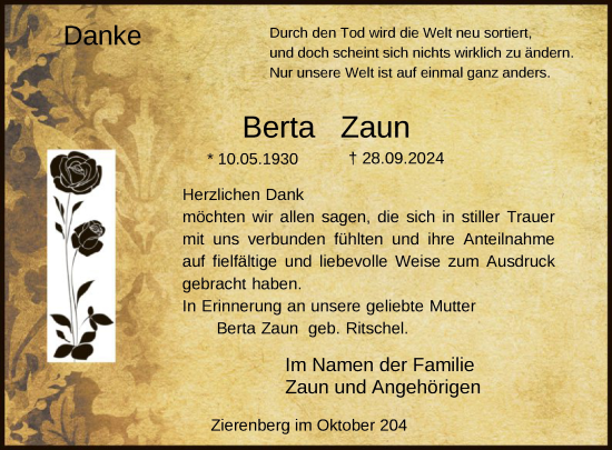 Traueranzeige von Berta Zaun von HNA