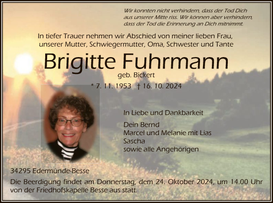 Traueranzeige von Brigitte Fuhrmann von HNA