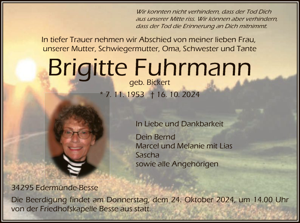  Traueranzeige für Brigitte Fuhrmann vom 19.10.2024 aus HNA