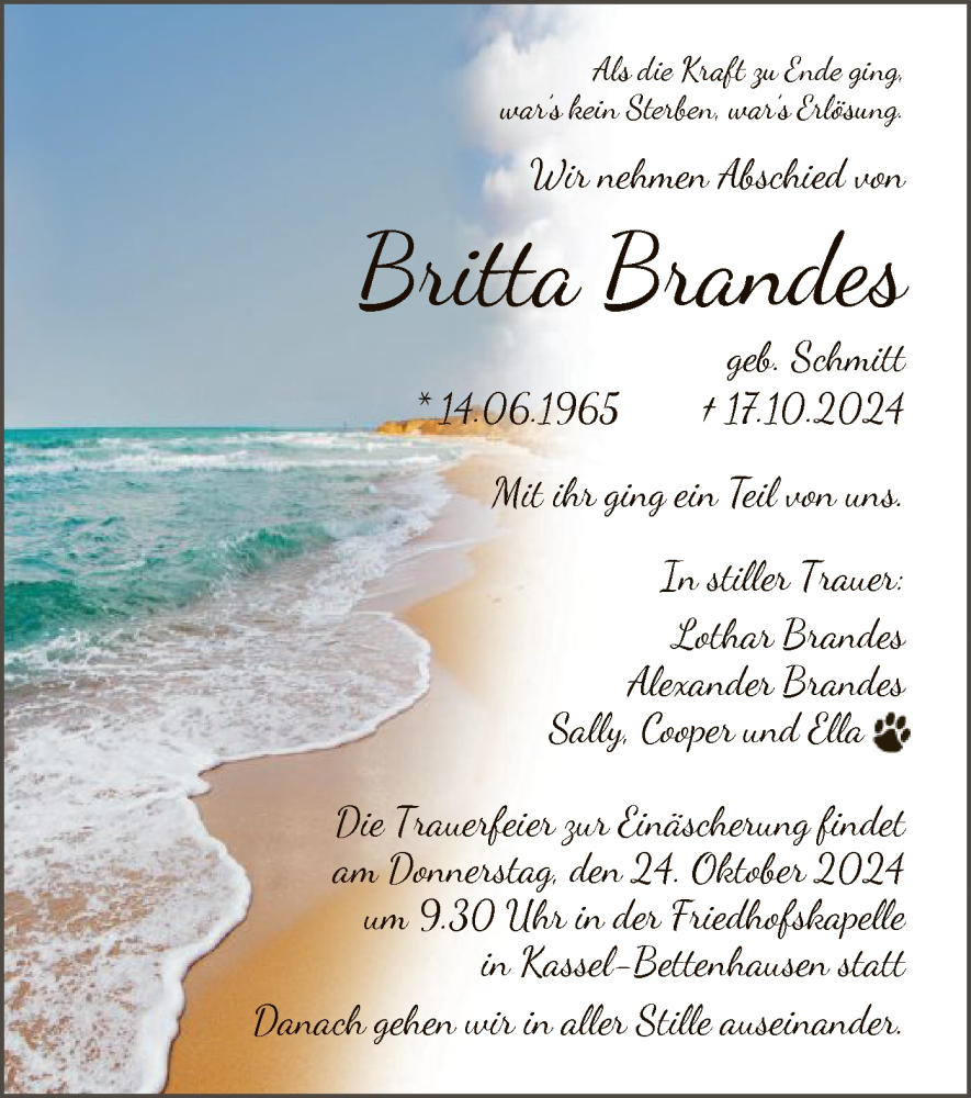  Traueranzeige für Britta Brandes vom 19.10.2024 aus HNA