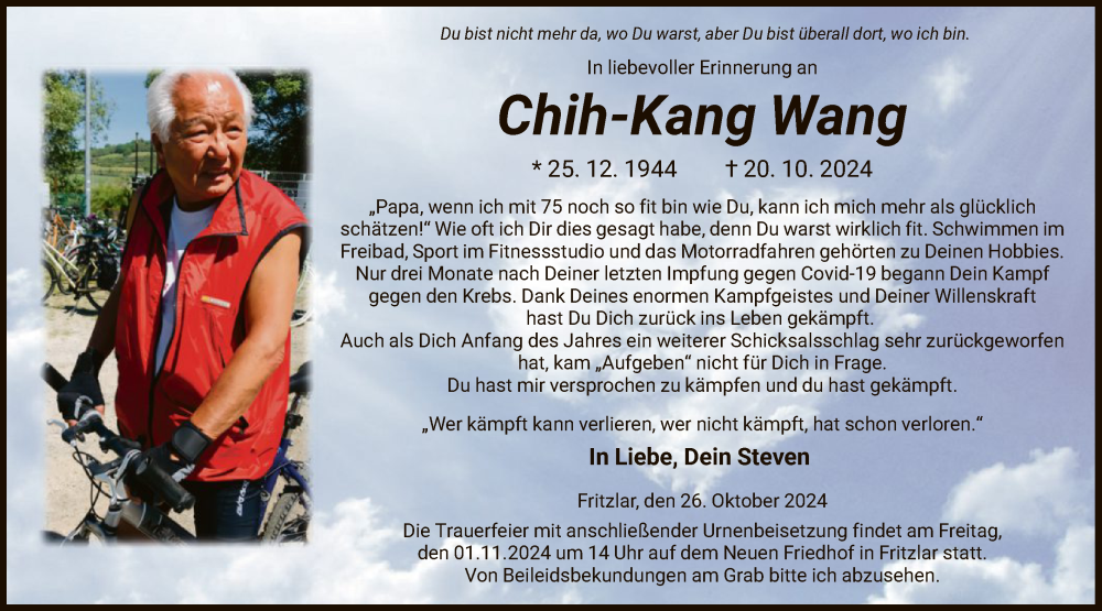  Traueranzeige für Chih-Kang Wang vom 26.10.2024 aus HNA