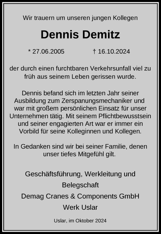 Traueranzeige von Dennis Demitz von HNA