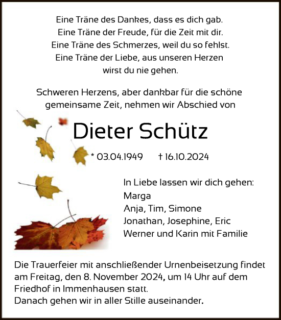 Traueranzeige von Dieter Schütz von HNA