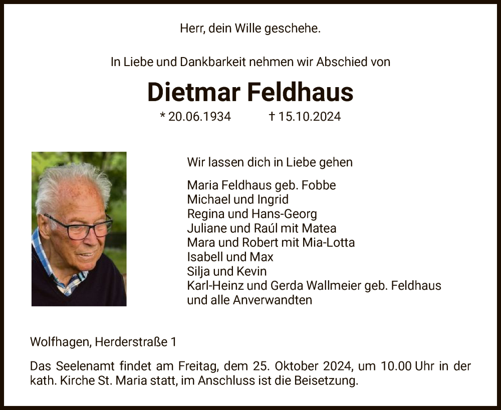  Traueranzeige für Dietmar Feldhaus vom 19.10.2024 aus HNA