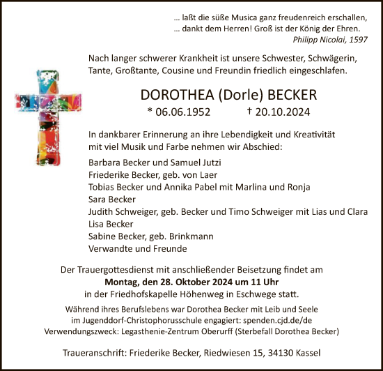 Traueranzeige von Dorothea Becker von HNAHNAWRS