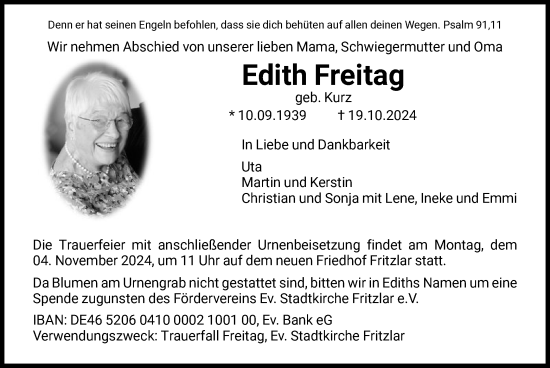 Traueranzeige von Edith Freitag von HNA