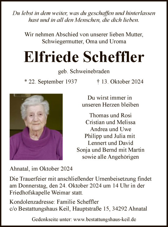 Traueranzeige von Elfriede Scheffler von HNA