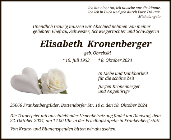 Traueranzeige von Elisabeth Kronenberger von HNA