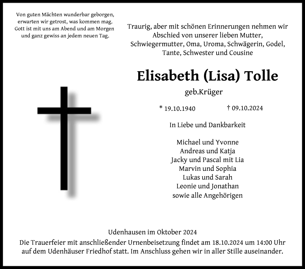  Traueranzeige für Elisabeth Tolle vom 12.10.2024 aus HNA