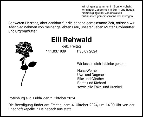 Traueranzeige von Elli Rehwald von HNA