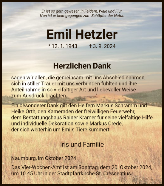 Traueranzeige von Emil Hetzler von HNA