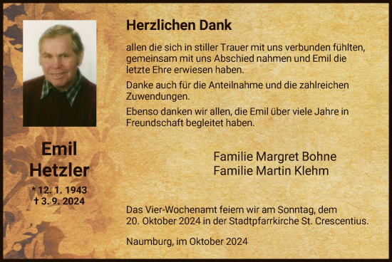 Traueranzeige von Emil Hetzler von HNA