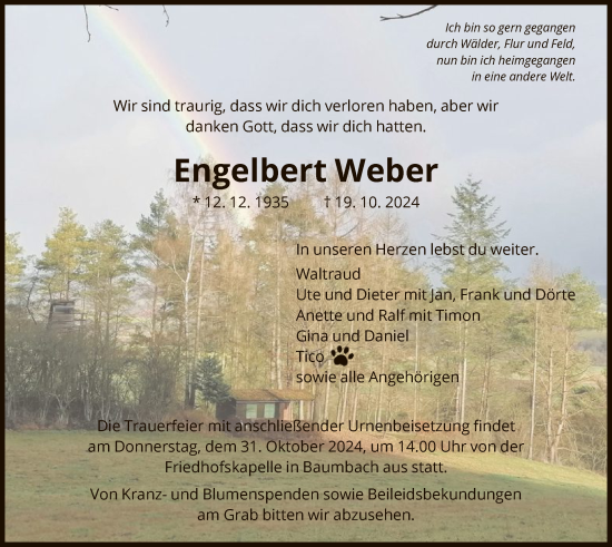 Traueranzeige von Engelbert Weber von HNA